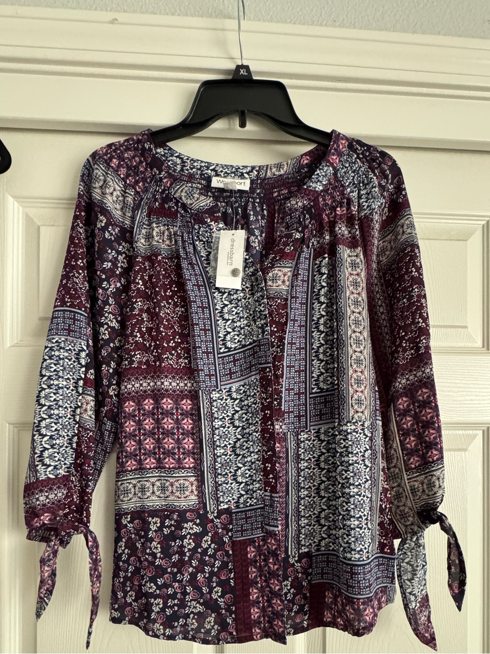 dressbarn Burgundy Patchwork Peasant Blouse